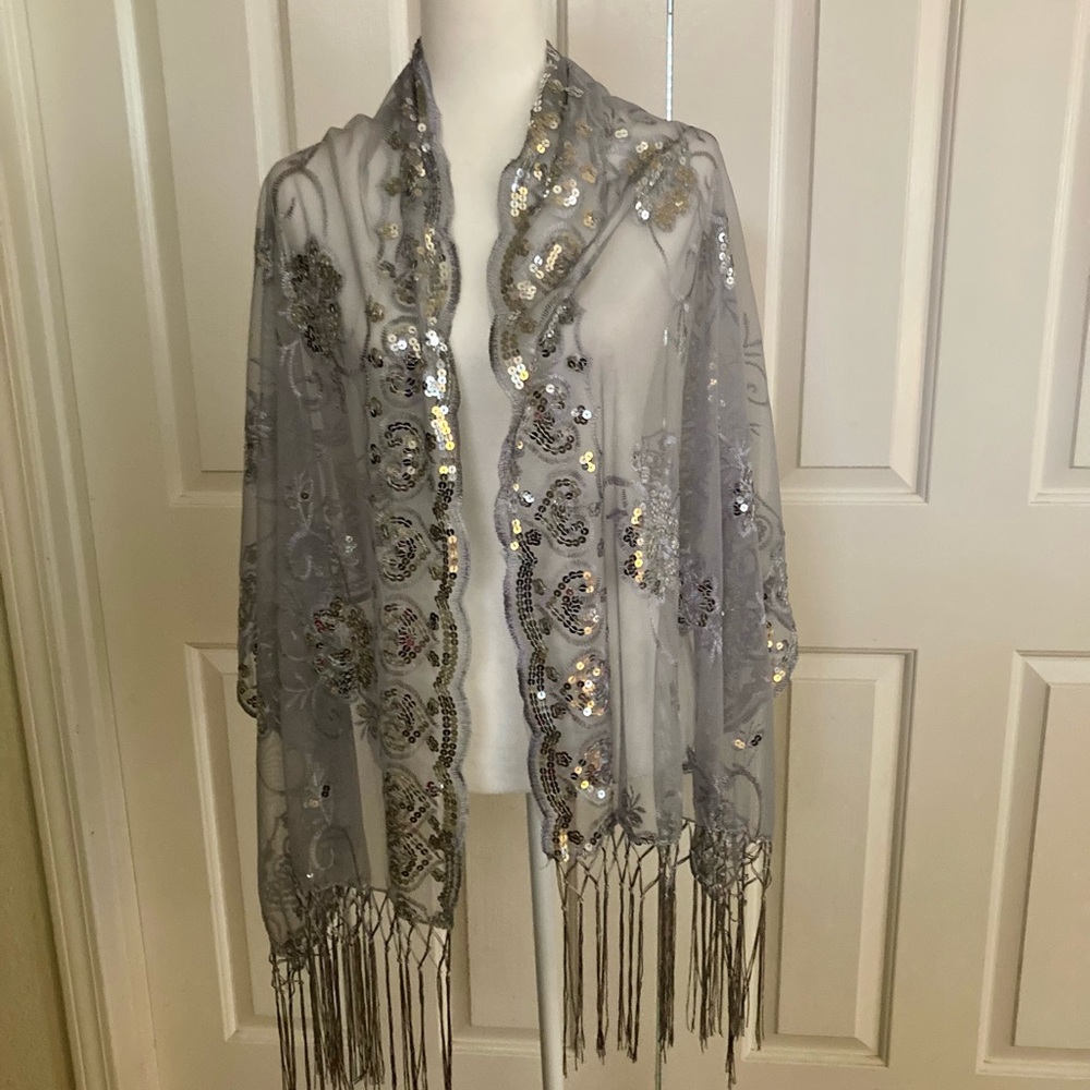 Shawl/scarf sheer with Sequins Long fringe 22 x 64 inc